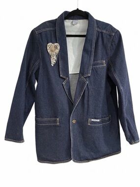 VTG 80s/90s Jordache Denim Blazer Jacket & Artisan Assemblage Heart Brooch Set L